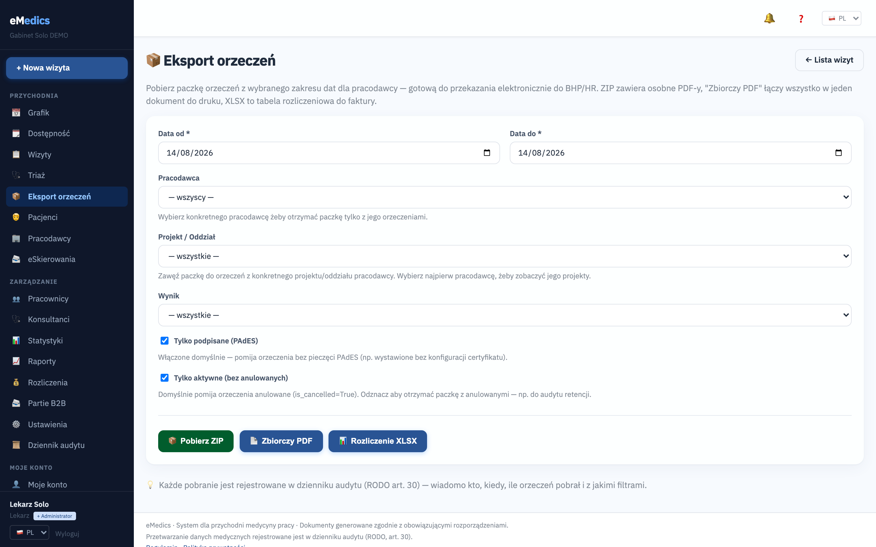 Eksport zbiorczy orzeczeń ZIP/PDF/XLSX